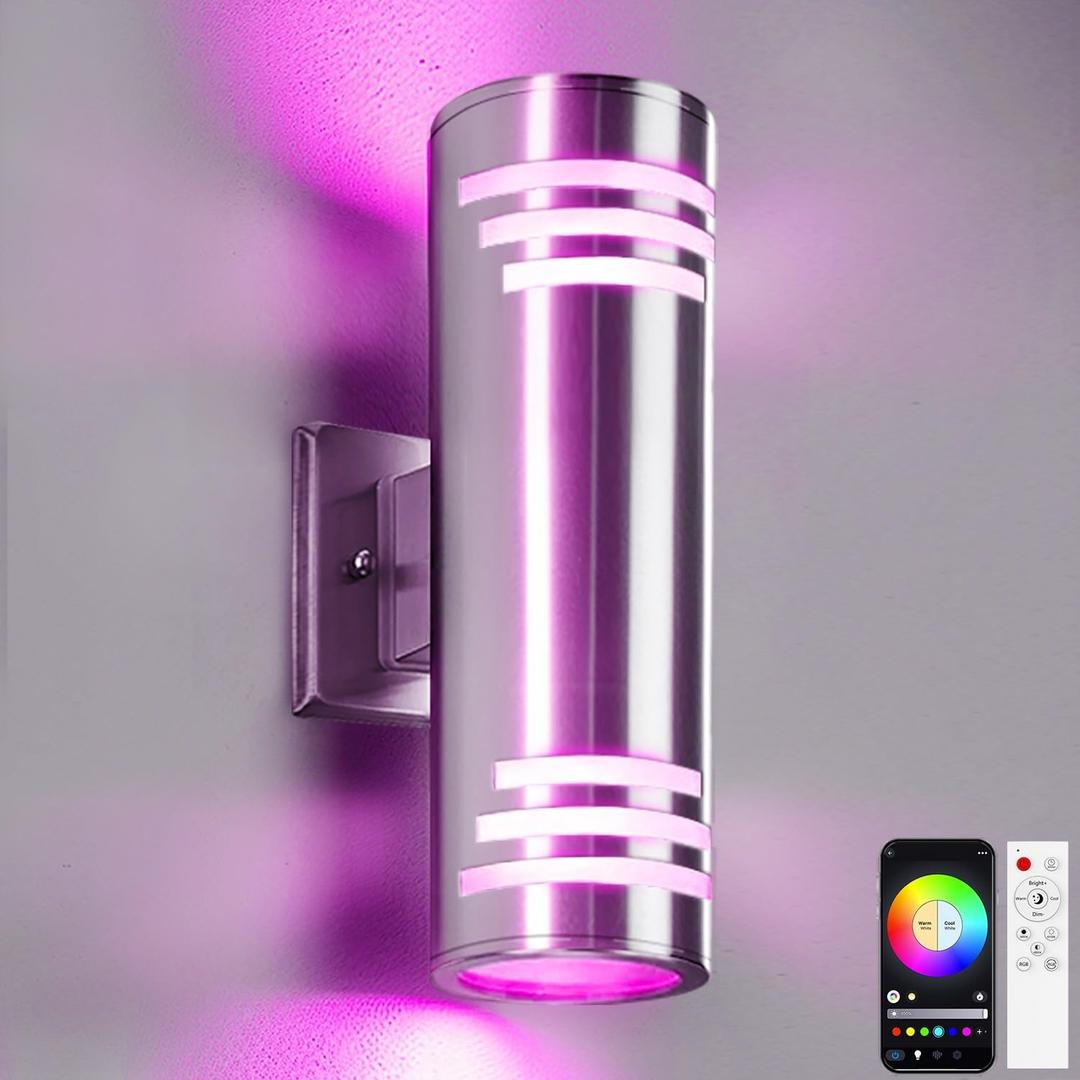 SHIMR Smart Outdoor Wall Lights RGBCW, Modern Color Changing Outdoor Sconce Cylinder Stainless Steel Exterior Light Fixture with Remote, Up and Down Outside Lights for House Home Theater Lighting (1 Pack)