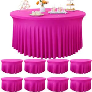 8 Pack Hot Pink Spandex Round Tablecloths for 72 inch Tables, Stretchy 132inch Fitted 6FT Round Table Cloths with Skirt for Wedding Party Dining Banquet