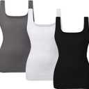 EUYZOU Women's Tummy Control Shapewear Tank Tops Seamless Square Neck Compression Tops Slimming Body Shaper Camisole (Large, Black/White/Grey 3pk)