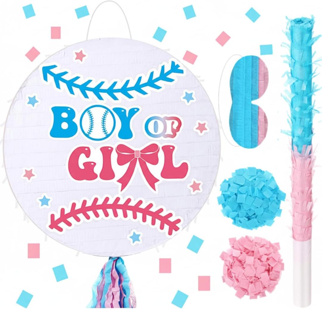 Jerify 16 x 16 Inch Gender Reveal Piñata with Bat Blindfold and Pink Blue Confetti Gender Reveal Baseball Piñata for Baby Shower Party Supplies Decor