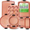 NutriChef 8 Piece Baking Pans Set - Nonstick Carbon Steel Bakeware Set w/ Silicone Heat-Safe Handles - Includes Loaf Pan, Muffin Pan, Cookie Sheets, Pizza Crisper, Roasting Pans - Rose Gold