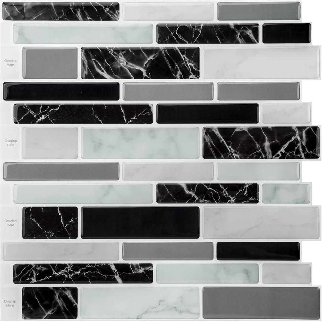 Art3d 11.8"x 11.8" Peel and Stick Vinyl Tiles, Self Adhesive Removable Stick On Kitchen Backsplash, Marble Black (10-Sheet) (Black Marble)