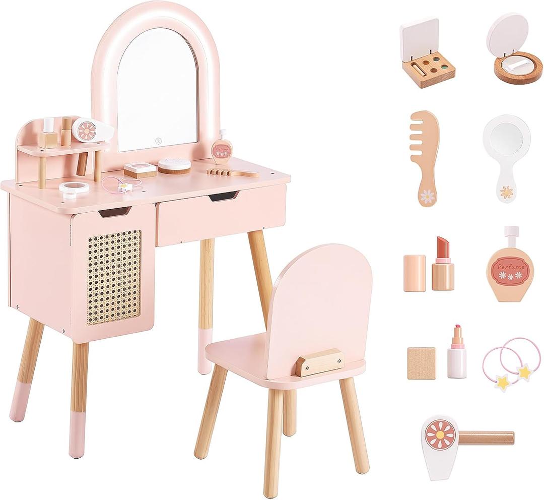 Kids Vanity Set with Lighted Mirror & Pretend Play Accessories, Pink Toddler Makeup Table and Chair Set with Storage Drawer, Princess Dressing Table for Little Girls Ages 3+, 23.6"L x 11.5"W x 36.2"H