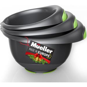 Mueller Mixing Bowls Set of 3, Baking Bowl Set with Non-slip Bottom, Ergonomic Handles, Pour Spout, Space Saving Nesting Bowls, for Cooking, Food Prep, Baking, Gray