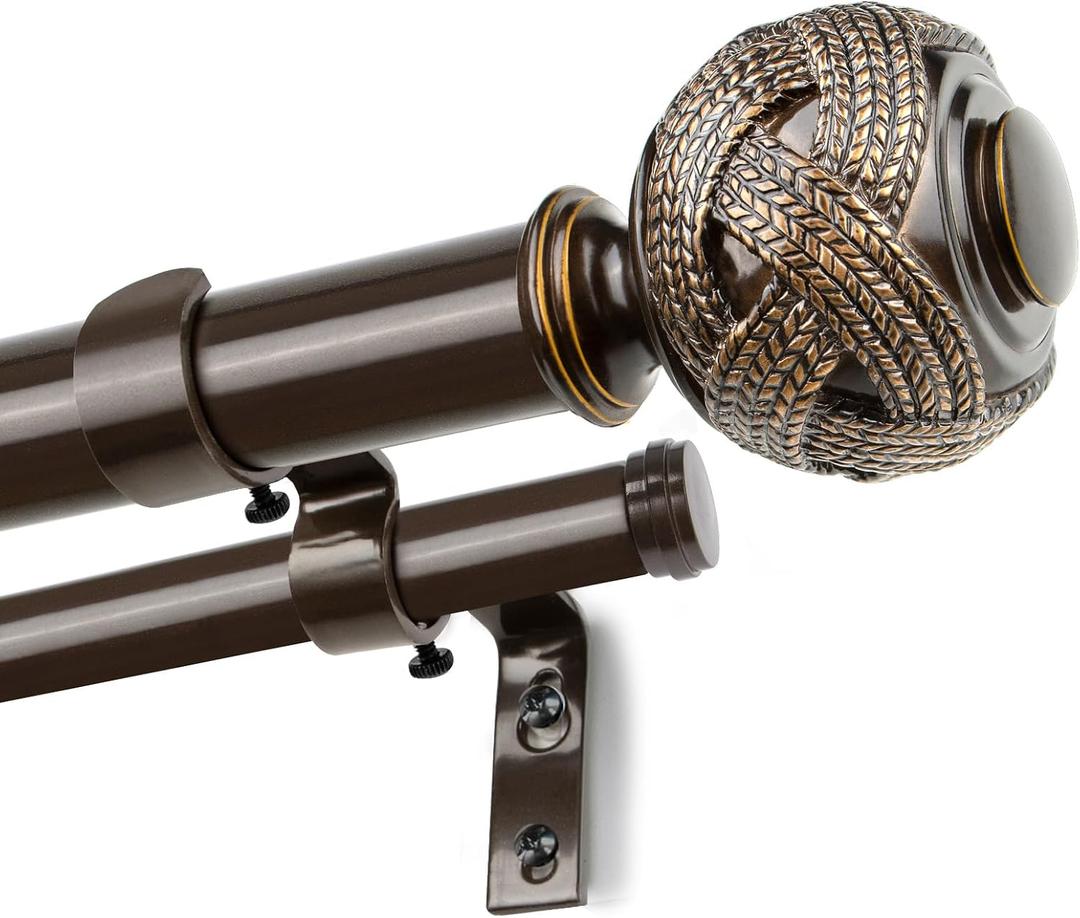 USFOOK 1 Inch Double Curtain Rods 36 to 72 Inches(3-6 ft) Bronze Drapery Rods for Windows 24 to 68 Inches, Telescoping Dual Curtain Rod with Woven Leaf Finials