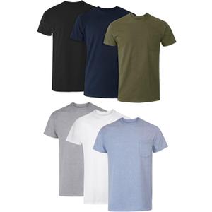 Hanes Men's Pocket Undershirt Pack, Cotton Crew Neck T-Shirt, Moisture Wicking Tee, Assorted 6-Pack (X-Large, Grey Heather, Black, Hiker Green Heather, White, Navy, Blue Heather)