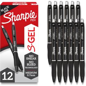 Sharpie S-Gel Gel Pens, Black Barrel, Medium Point (0.7mm), Black Gel Ink Pens, 12 Count - Home, Office, School, Journaling, Writing, Note-Taking, Teacher Supplies