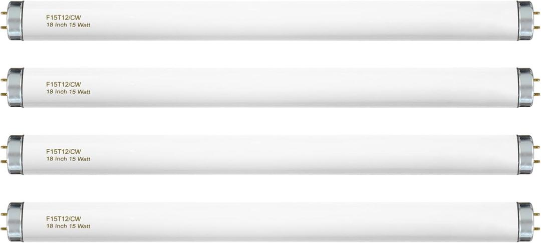 T12 15 Watt Fluorescent Bulb, 18 Inches F15T12/CW Straight Tube, Medium Bi-Pin Base, Cool White 4000K 800 Lumens 4 Count