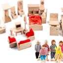 5 Set Dollhouse Furniture Accessories Wooden Bathroom/Living Room/Dining Room/Bedroom/Kitchen House 6 Family Doll Decoration Pretend Play Kids Christmas Birthday Gifts for Girls Toys 40 Pcs