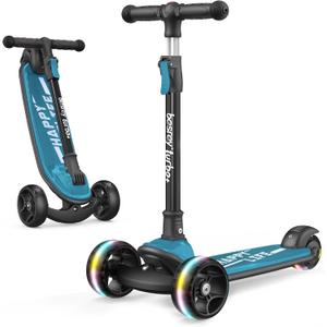 Besrey Kick Scooter for Kids Ages 3-10, 3-Wheel Folding Scooter with Adjustable Height, LED Light Wheels, Extra Wide Deck for Outdoor Activities
