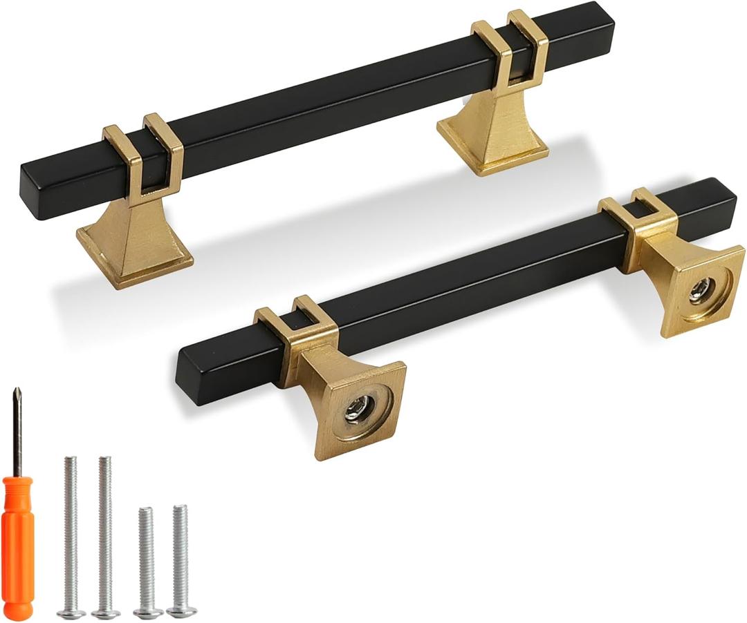 Cabinet Pulls Matte Black and Gold Cabinet Handles, 10 Pack 3-3/4 Inch Kitchen Door Cupboard Wardrobe Drawer Handles, Cabinet Hardware Bar Drawer Pulls, 96mm Hole Centers