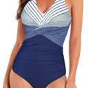 American Trends Swimsuit Women One Piece Tummy Control Bathing Suit for Women Modest V Neck Swimwear (6-8, 02 Navy Blue Stripes)