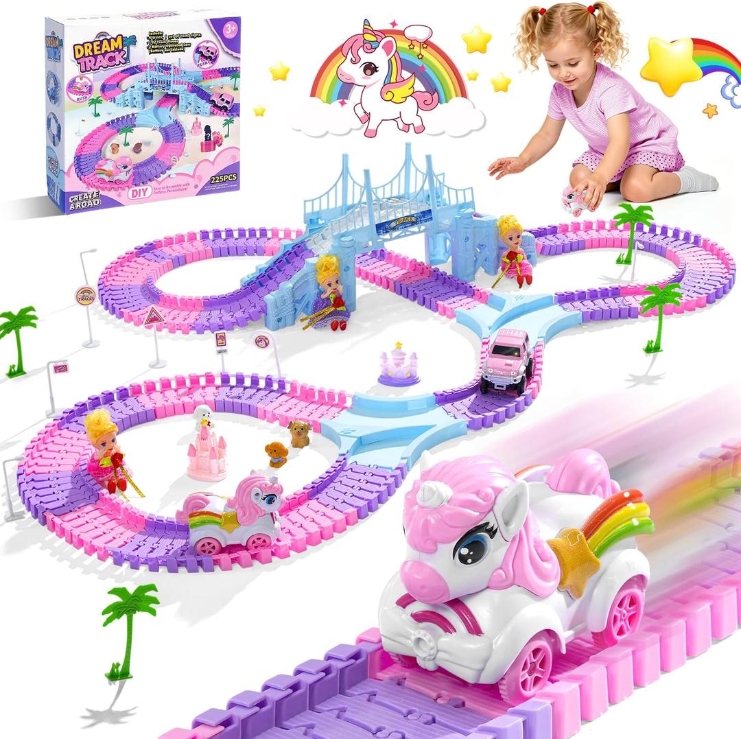 Unicorn Race Tracks for Kids Ages 3-8, 224 PCS Princess Car Toys with Magic Bendable, 2 Monster Truck, Flexible DIY Track Set, Christmas Birthday Gifts for 3 4 5 6 Year Olds Kids Toddler Girls