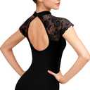 Women Turtleneck Lace Cap Sleeve Dance leotard for Ballet, Hollow Back,Full Front Lining (Black, M)