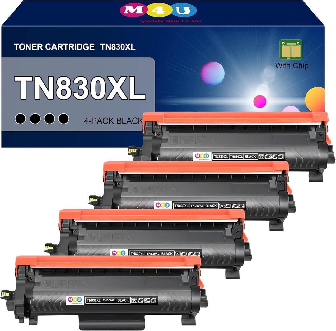 TN830XL Toner Cartridge(with Chip) 4 Pack Black Compatible with Brother TN830XL Toner Cartridge, Working with HL-L2460DW MFC-L2820DW MFC-L2820DWXL HL-L2400D HL-L2405W DCP-L2640DW HL-L2480DW Printer