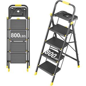 4 Step Foldable Step Ladder with Mutifunctional Tool Tray, Platform Ladders Stepstools, Step Stool 4 Step Folding with Non-Slip Pedals, 800lbs Bearing Capacity for Adults, Home, Kitchen, Black Yellow