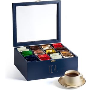 Rae Dunn Tea Bag Organizer - Tea Box Divided Storage Container Box with Hinge Lid for Kitchen Cabinet, Countertop, Pantry, Hold Coffee Pods, Seasoning Packets, Condiments, Blue