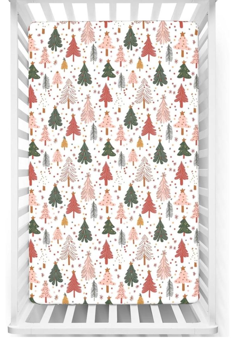 Christmas Fitted Crib Sheet - Holiday Winter Cartoon Christmas Tree Pattern, Standard Mattress Sheet for Toddler Bed, 28" x 52", Multicolor