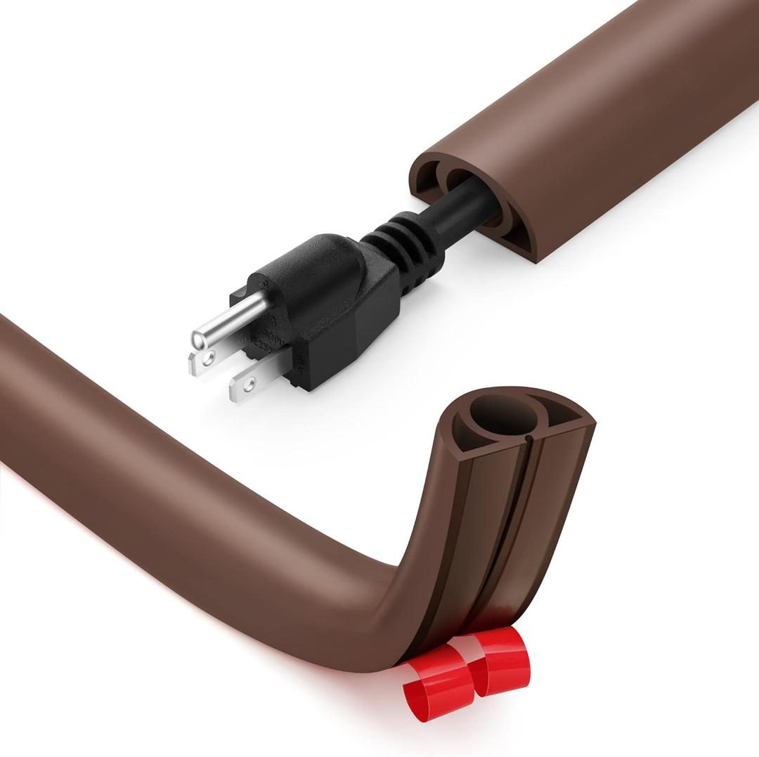 12ft Cord Cover Floor for Extension Cords, Self-Adhesive Floor Cable Cover to Protect Cables & Prevent Tripping, PVC Cord Hider Protector, Internal Wire Management Channel Diameter: 0.39", Brown (W1'' x L12')