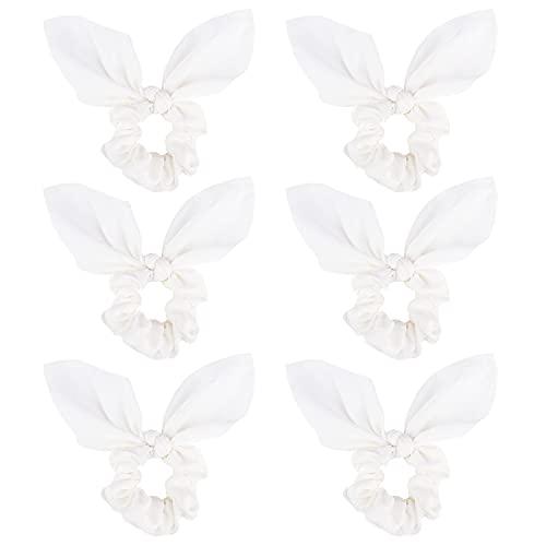 Jaciya White Silk Hair Ties Scrunchies for Hair Girls, Bunny Ears and Tail Design, 6 Count