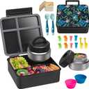 Bento Lunch Box with 9.5 oz Soup Thermo, Kids Leakproof 4 Compartments Bento Box with Silicone Cupcake,Fruit Fork,Spoon and Sauce Cup,Insulated Food Jar for School Travel-Game