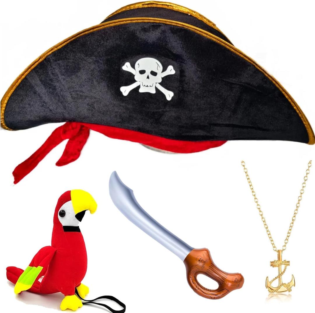 4Pcs Pirate Hat Skull Print & Stuffed Shoulder Parrot & Inflatable Swords Anchor Pendant Necklace, Pirates Captain Costume Accessories for Toddler Kids Adults Woman Men for Halloween Party Cosplay