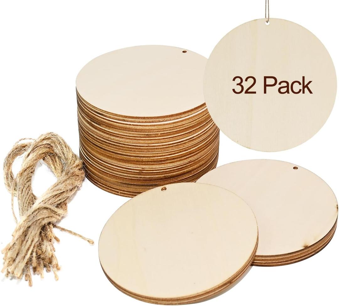 32Pack 4 Inch Round Wooden Discs for Crafts, DIY Projects, Wooden Door Hanger Signs, and Painting, Holiday Decorations