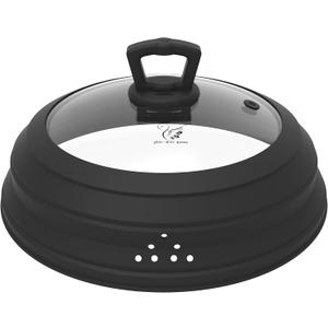 Microwave Splatter Cover Vented Glass Guard Lid with Collapsible Silicone for Food as Pot Cover 11.8 inch Large Plate for 6 7 8 9 10 11 inch Plate Bowl (Black)