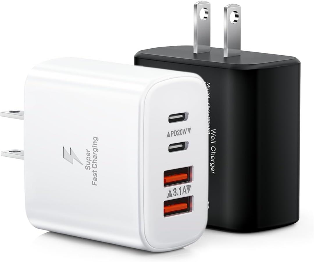 40W USB C Charger Black, 2-Pack USB C Wall Plug Fast Charging Block, 4-Port PD+QC Power Adapter Multiport Brick Type C Box Dual Charger Block for iPhone 17/16/15/14/13/12/11/Pro Max, Samsung, iPad