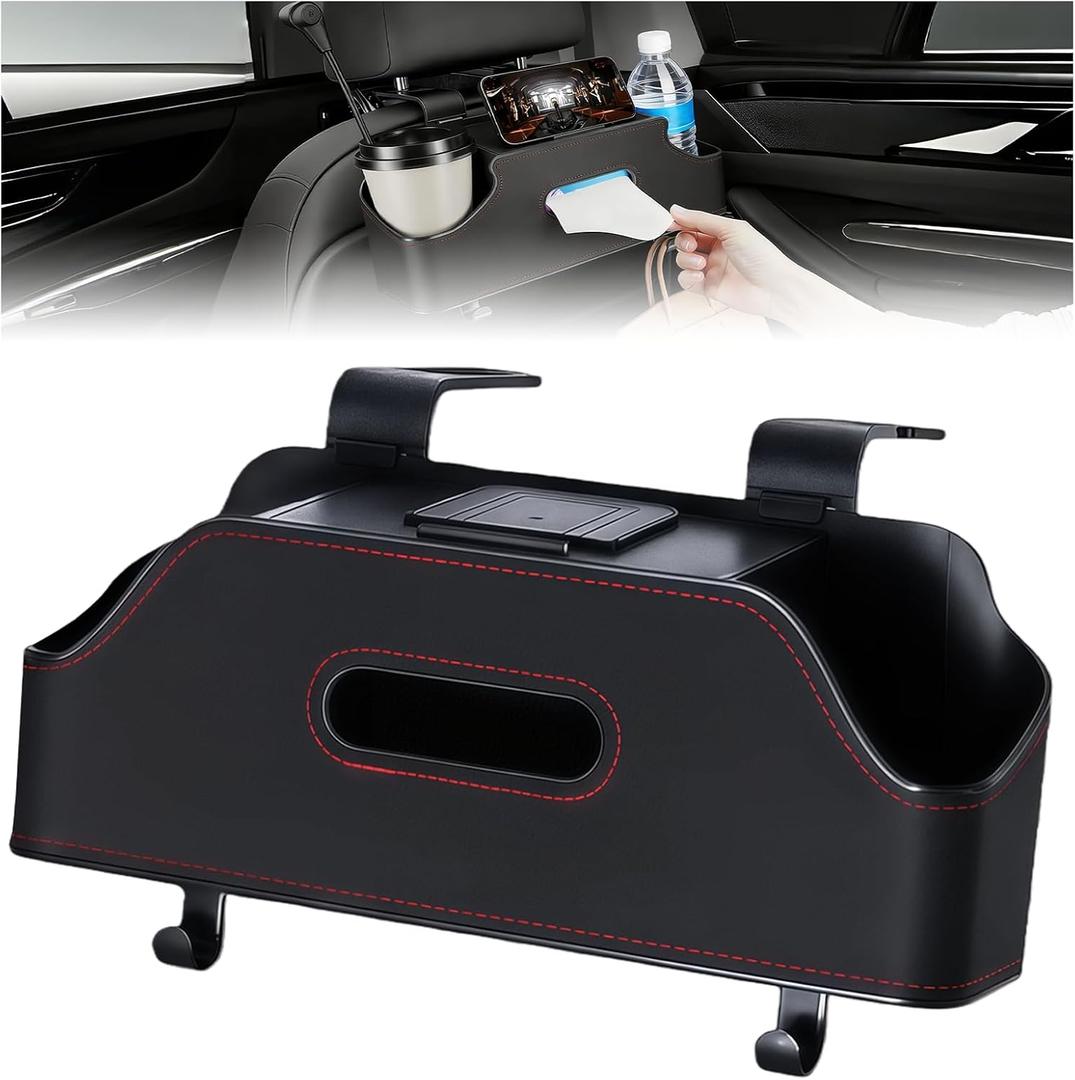 Car Seat Back Organizer with Cup Holder, Multi-Functional Car Seat Back Storage Box with Hook, Leather Headseat Tissue Box, Universal for Most Trucks, SUVs (Black)