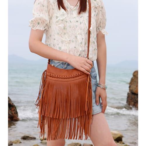 Oweisong Leather Fringe Purse for Women Trendy Western Tassel Crossbody Bag Vintage Hobo Black Shoulder Messenger Bag