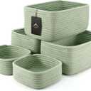 5-Pack Small Woven Rope Storage Baskets  2 Sizes Organizer Bins for Closet, Shelf, Bookshelf, Nursery, Changing Table, Fabric Cube Boxes, Rectangular Shallow Bins for Bathroom, Toy & Home (11.81*7.48*4.72'' & 5.91*5.91*2.56'', Green)