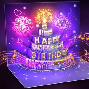 FITMITE Birthday Cards Birthday Gifts for Women Fireworks Pop Up Cake Light and Music Happy Birthday Card Purple Gold