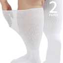 Wide Diabetic Socks for Men Women Plus Size, Extra Long Edema Sock with Thickened Sole, Non-Binding Loose Fit Socks for Swollen Feet, Lymphedema - 2 Pairs White