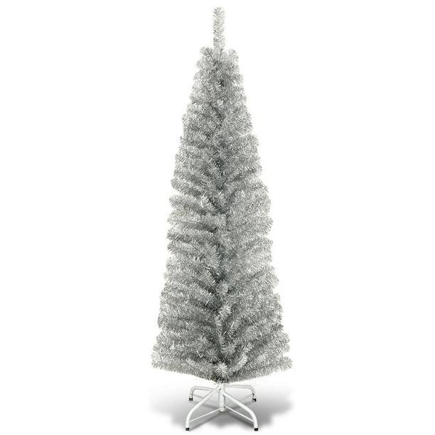  6FT Silver Tinsel Tree Unlit Slim Pencil Christmas Tree Metal