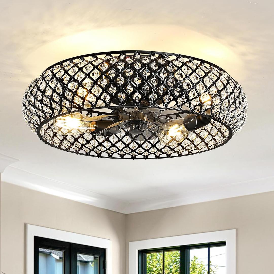 Metal Ceiling Fan with Lights: 20" Iron Low Profile Crystal Black Caged Industrial Ceiling Fans with Light Flush Mount Remote Control 6 Speeds for Bedroom Living Room Kitchen