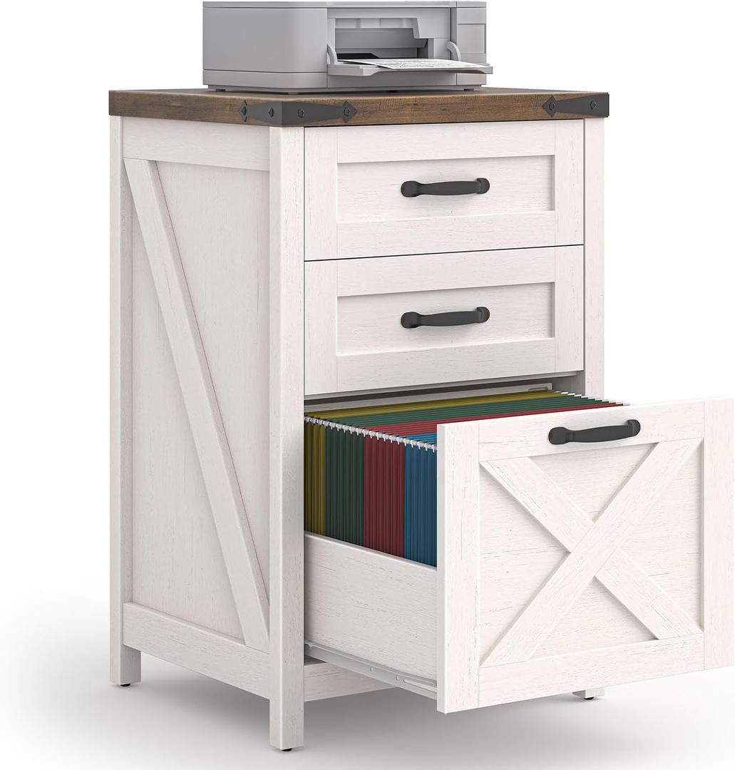 Farmhouse File Cabinet with 3 Drawers for Home Office, White and Brown