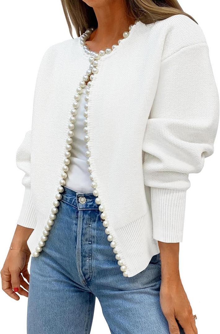 ZESICA Women's Open Front Cardigan Sweater 2026 Spring Casual Knitted Long Sleeve Pearls Trim Outerwear Coat Trendy Clothes (White), Large