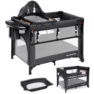 ELEMARA 5 in 1 Pack and Play, Adjustable Baby Bedside Bassinet Sleeper,1-Second Setup Foldable Playard from Newborn to Toddles,Bedside Crib with Changing Table,Portable Travel Bassinet,Ziper Door,Gray