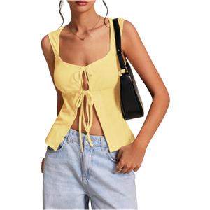 Milumia Women Tie Front Y2k Tank Tops Wide Strap Sexy Cut Out Split Hem Sleeveless Tops (Yellow, XS)
