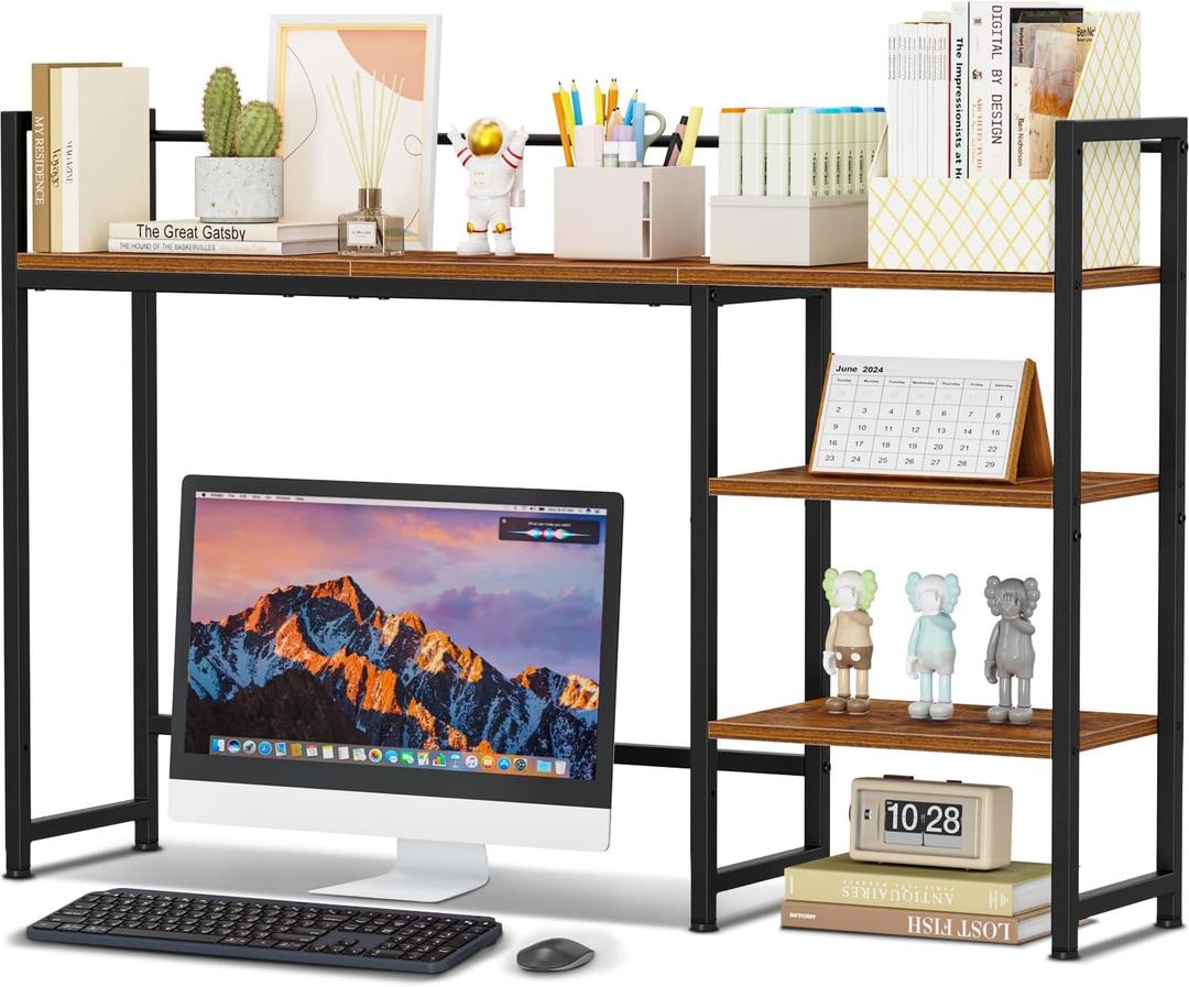 Snughome Desk Shelf, 44.9" Large Desktop Organizer Shelf, Desk Hutch for Computer Monitor, 4 Tier Desk Top Display Rack, Wood Desktop Bookshelf Storage Rack for Home Office Dorm (Rustic Brown)