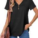 Women's V-Neck Short Sleeve Top T-Shirt Stretchy Relaxed Fit Blouse Lightweight Casual Loose Top Summer Travel (Black), Small