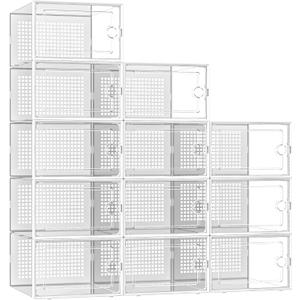 Kuject X-Large Shoe Storage Boxes Organizers Clear Plastic Stackable 12 Pack, Shoe Rack & Holder Substitute, Sneaker Containers, Toy Storage Organizer Bins for Entryway, Closet, Under Bed, White