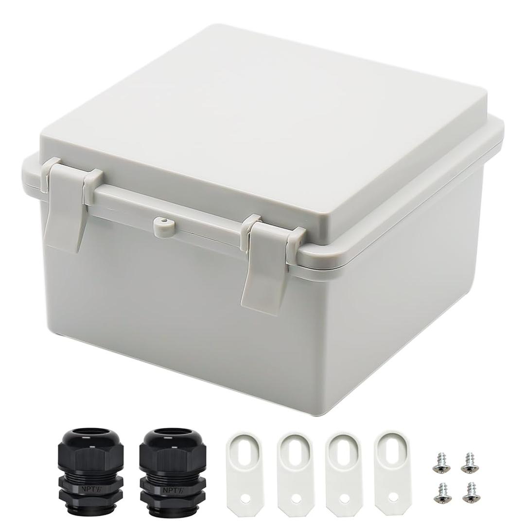 Zulkit Junction Box ABS Plastic Dustproof Waterproof IP65 Electrical Boxes Hinged Shell Outdoor Universal Project Enclosure with 2 Cable Glands 5.9 x 5.9 x 3.5 inch (150x150x90 mm)