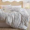 Nanko Blue Floral Comforter Set Queen Size 3 Pcs, White Flower Leaf Printed Pattern Spring Soft Microfiber Alternative Duvet, Vintage Farmhouse Lightweight Bedding Set Bed in a Bag for Women Men 90x90