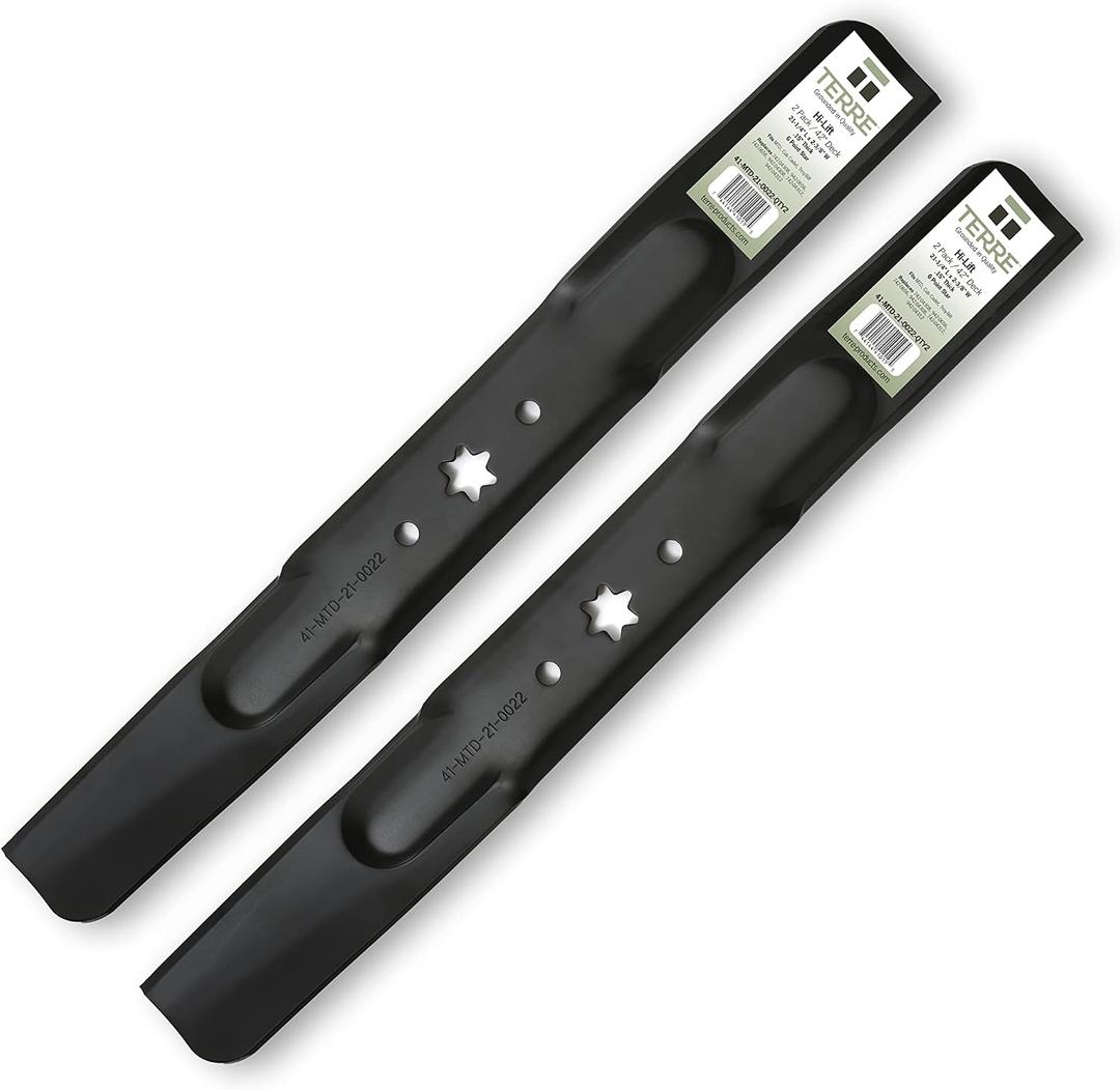 Terre Products, 2 Pack High Lift Lawn Mower Blades, 42 Inch Deck, Compatible with Cub Cadet RZT42, XT1, XT2, 942-04308, 942-04308A, 942-04312, Troy Bilt Pony, Bronco, Mustang, 742-04308, 742-04312,
