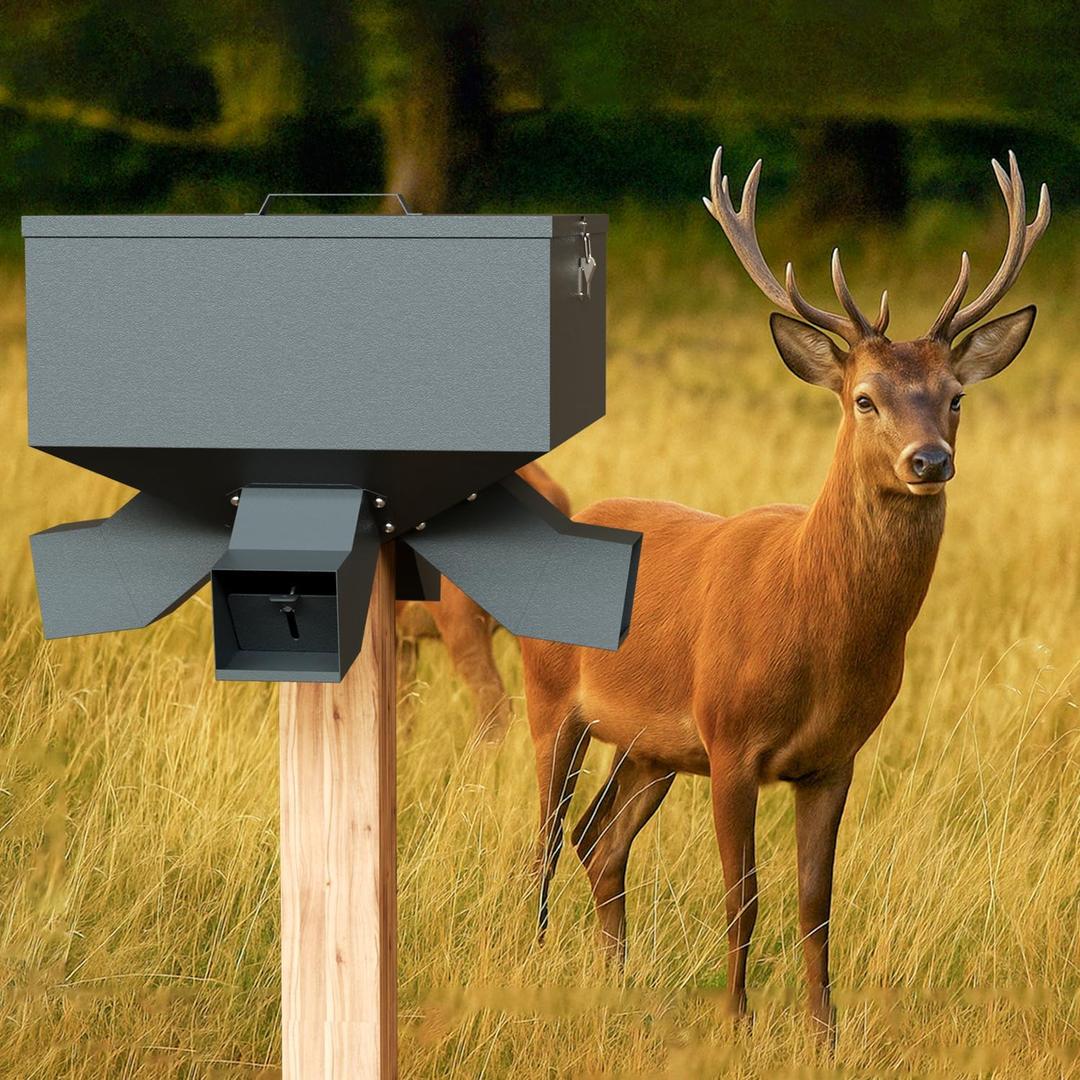 Portable 80LB Gravity Deer Feeder, Heavy Duty Metal Wildlife Feeder with 4 Feeding Ports, Weatherproof for Hunting & Backyard Game (80bls Capacity, Gray)