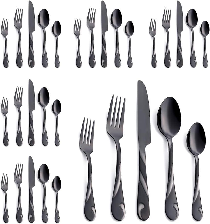 Black Silverware Set for 6, 30-Piece Stainless Steel Flatware Set, Shiny Black Metal Cutlery Set, Include Fork, Knife and Spoon Set, Dishwasher Safe