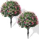 2-Pack Artificial Boxwood Topiary Ball Plant with Pink Flowers, Ground Stake, UV-Resistant Outdoor & Indoor Decorative Flowers
