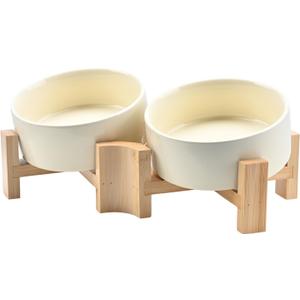 SPUNKYJUNKY 15 Slanted Ceramic Dog and Cat Bowl with Wooden Stand, Tilted Bulldog Food and Water Bowl No Slip Non-Spill for Cats Medium Dogs Big Face Pets 13.5 OZ (1.7 Cups, Beige  2)
